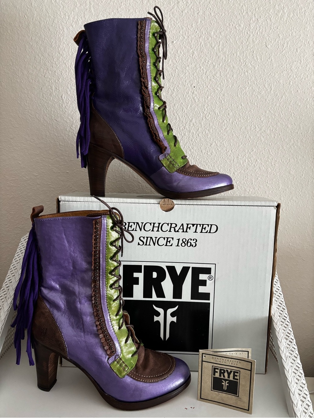 Custom FRYE Purple, Green & Brown Lace-Up Fringe Leather Boots